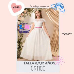 Vestido blanco con lazo rosa,--VE-55