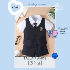 Conjunto de 3 piezas para niños, shorts, camisa y chaleco con corbata - CO15